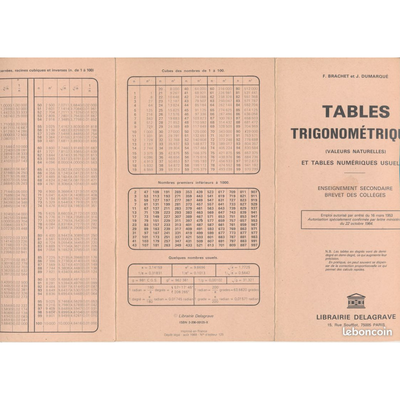 Tables Trigonométriques (valeurs naturelles) et tables numériques usuelles - Enseignement Secondaires Brevet des Collèges - 1985