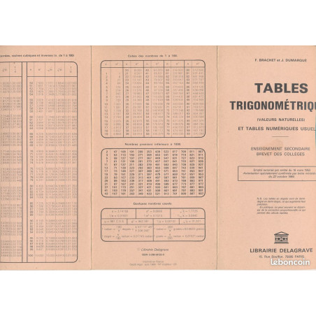 Tables Trigonométriques (valeurs naturelles) et tables numériques usuelles - Enseignement Secondaires Brevet des Collèges - 1985